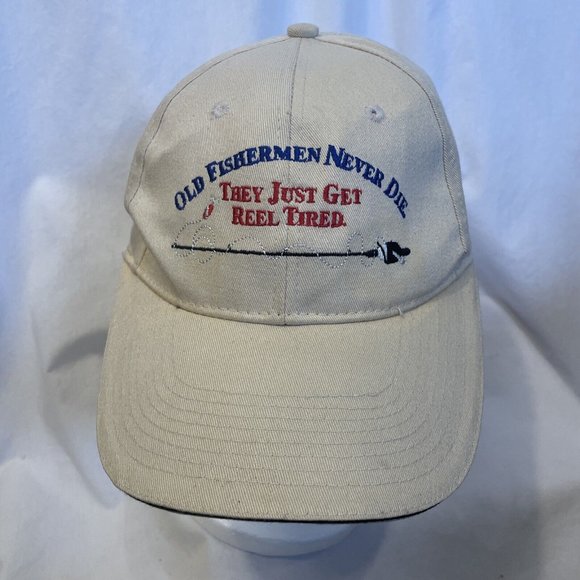 Old Fishermen Never Die They Just Get Reel Tired Strapback Hat Cap Tan - Picture 2 of 14